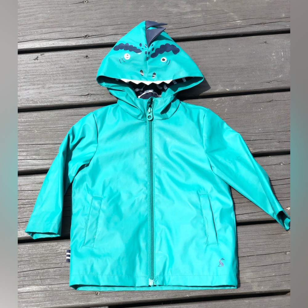 Joules boys rain jacket, size 1y, fleece lined, Dino accent on hood